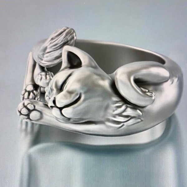 Sleeping Cat Ring, Two Charming cute Cat Ring,, Silver plated Cat Rings, 2 Cat Rings for one price, Cat Statement Ring Fashion Cat Ring