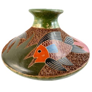 Vtg Mundo ハンドメイド ニカラグア陶器 魚 動物 ポット 花瓶 レリーフ