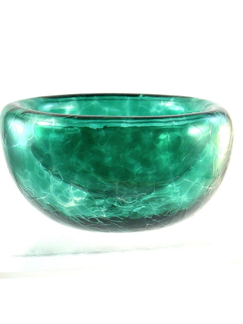 Studio Art Glass Teal Green Spiralled Hollow Hand Blown Double Wall 5 Bowl Vtg image 3