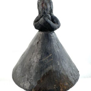 Antique Oaxaca Mexican Folk Pottery Black Clay Woman Figurine Bell