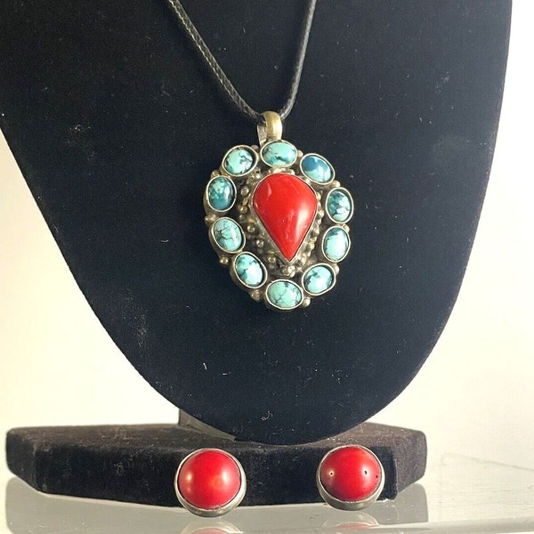 Turquoise & Coral Jewelry Set Tibetan Pendant, 92.5 Silver, 925 Coral Earrings