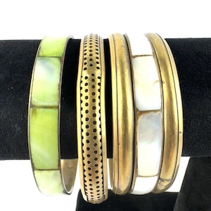 Ensemble de 3 bracelets joncs vintage en laiton et nacre incrustés