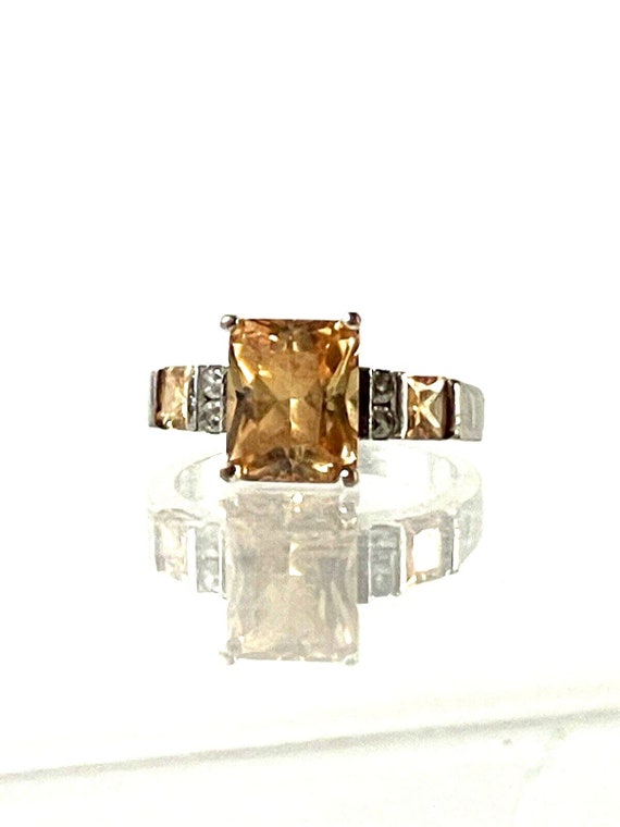 Sterling Silver Emerald Cut Orange Citrine and CZ 