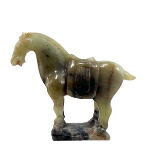 Antique Chinese Horse Jade Sculpture Standing Saddled Hand Carved Celedon