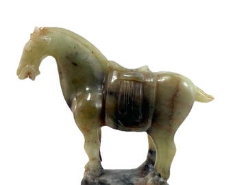 Antique Chinese Horse Jade Sculpture Standing Saddled Hand Carved Celedon