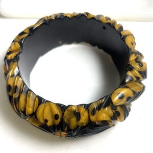 CARVED BAKELITE Bangle Bracelet 1" wide 2 Tone Casting RARE