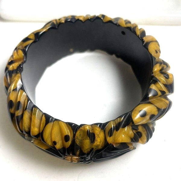 CARVED BAKELITE Bangle Bracelet 1" wide 2 Tone Casting RARE