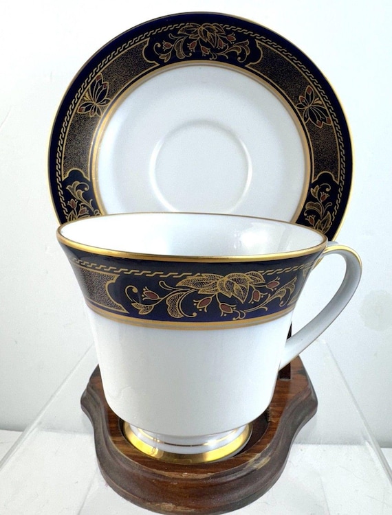 Vtg Noritake Grenoble Footed Cup Saucer Set Gold Gilded Dark Blue