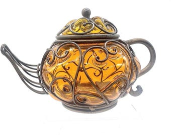Vintage Amber Caged Bubble Glass Teapot Metal Scrollwork Lidded Decor 9