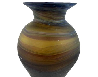 Phoenician Hebron Glass Art Vase Swirl Purple Brown Blue Hand Blown Decor Vtg