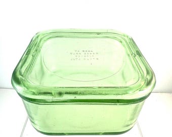 Vintage Uranium Glass Refrigerator Container Deep Square With Lid