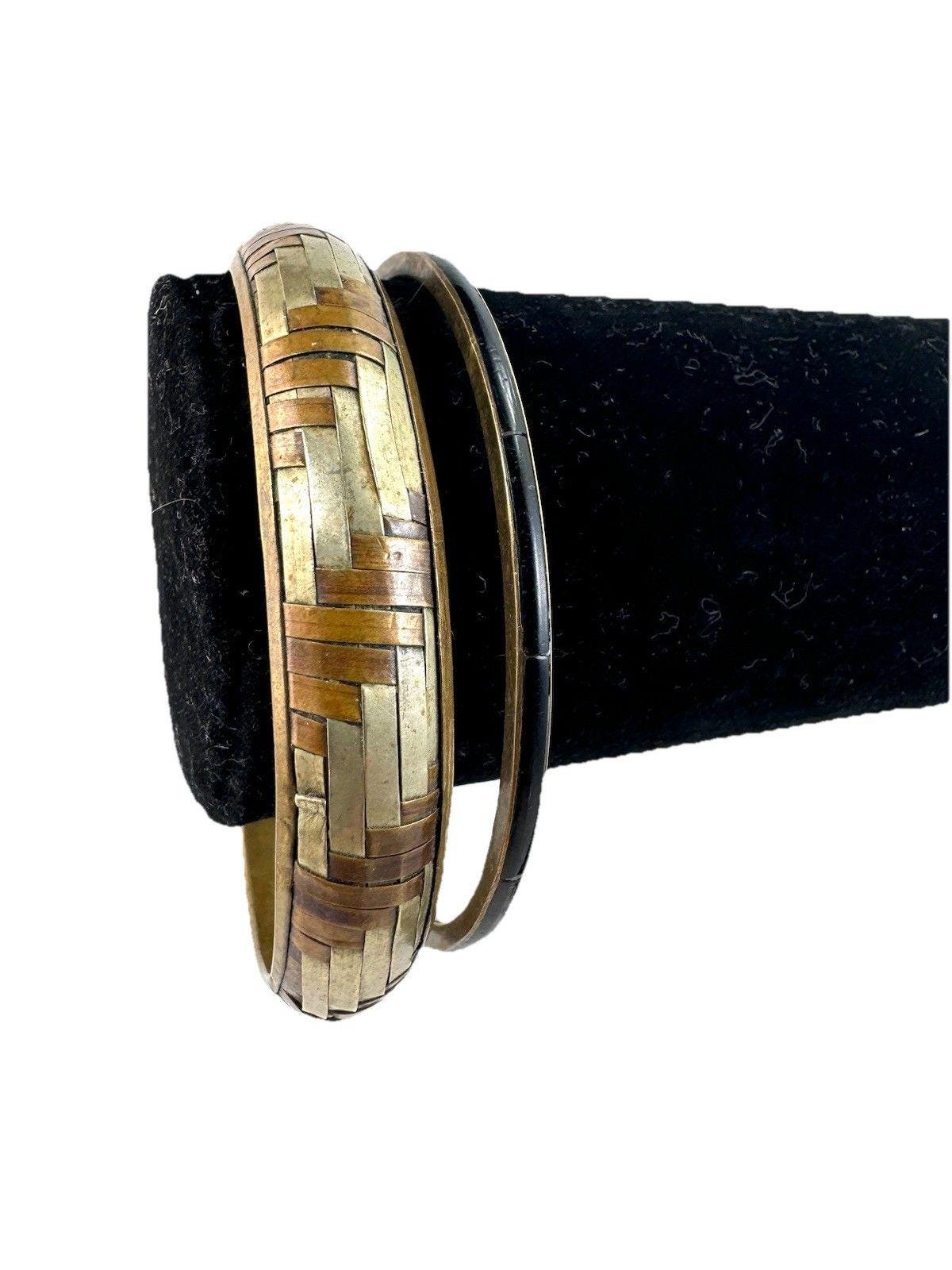 アクセサリー Crockery Bangle diverseconception SV Vtg Set of Tri Color Woven and Inlaid Bangle Bracelet Copper Brass