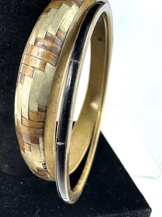 Vtg Set of Tri Color Woven and Inlaid Bangle Bracelet Copper Brass