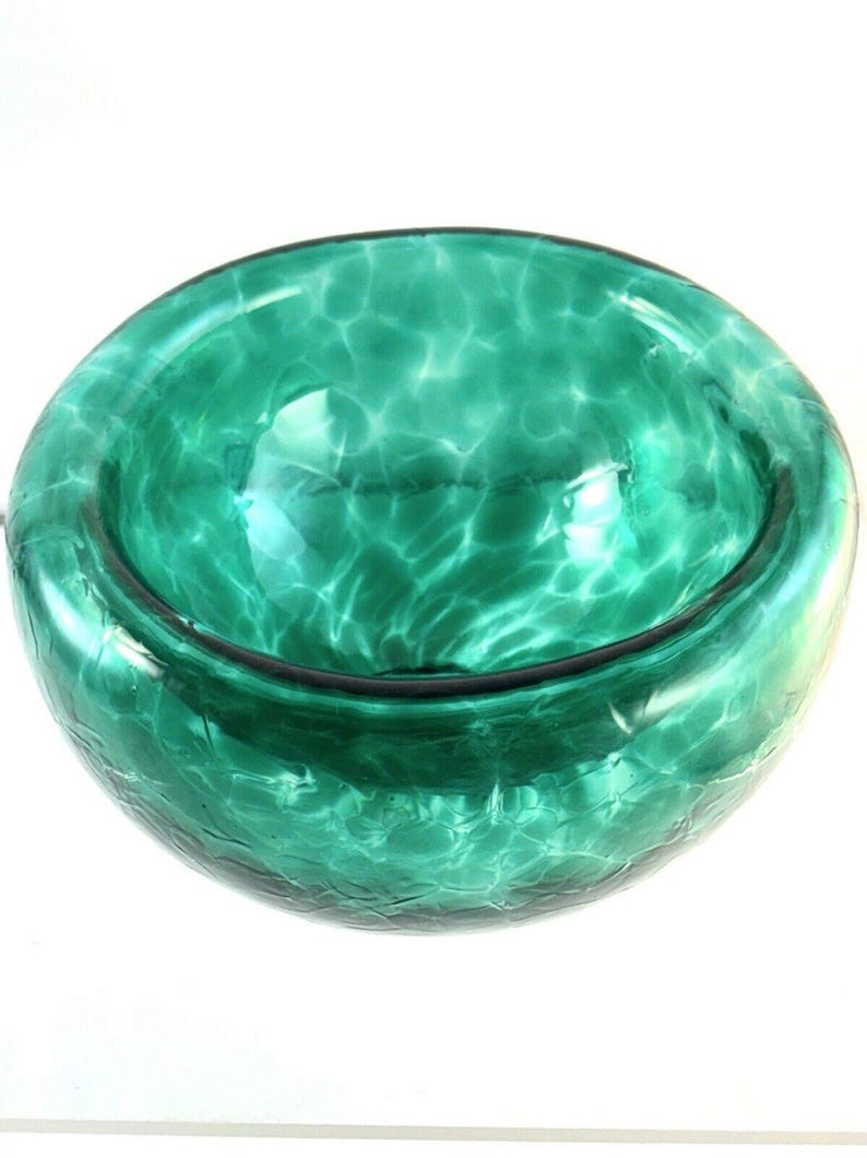 Studio Art Glass Teal Green Spiralled Hollow Hand Blown Double Wall 5 Bowl Vtg image 4