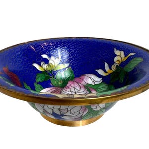Mid Century Chinese Cloisonne Bowl Sapphire Blue Lotus Flower Medium 6in