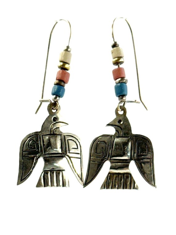 Native American Thunderbird Earrings Turquoise Coral Bead  display picture 1