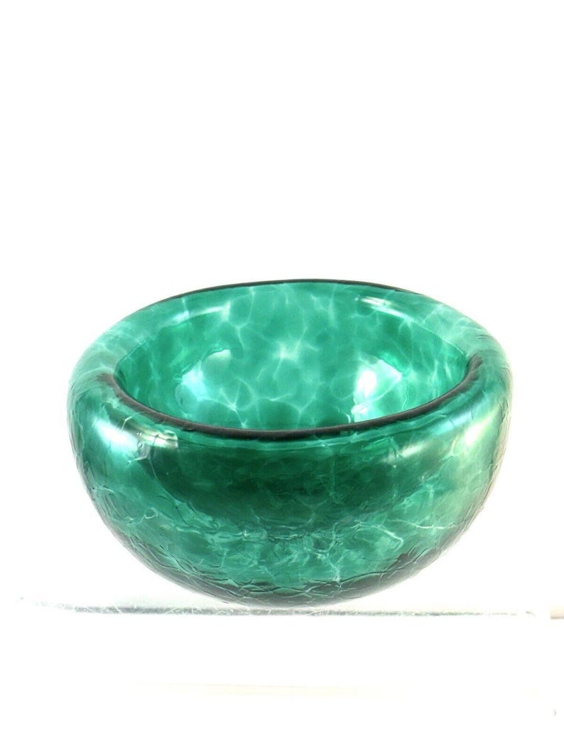 Studio Art Glass Teal Green Spiralled Hollow Hand Blown Double Wall 5 Bowl Vtg image 1