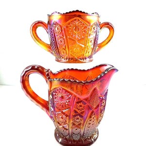 VTG Karneval Glas Milchkännchen Zucker Set Rot Indiana irisierenden Erbstück getäfelt