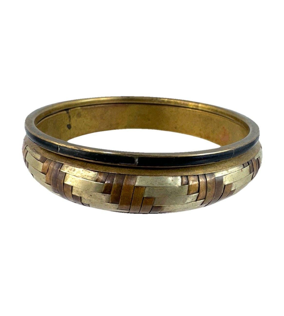 Vtg Set of Tri Color Woven and Inlaid Bangle Bracelet Copper Brass
