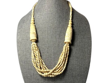 Collana antica con perline intagliate a mano, rara, vintage, multifilo, grosso, tribale