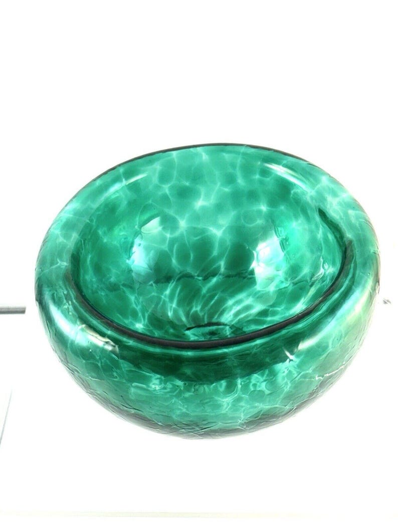 Studio Art Glass Teal Green Spiralled Hollow Hand Blown Double Wall 5 Bowl Vtg image 2