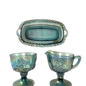 Vintage schillerndes Blau Grün Indiana Karneval Glas Creme & Zucker Set Antik