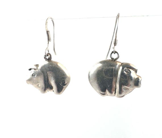Vintage Silver Puffy Pig Dangle Earrings Sterling 925 Good Luck