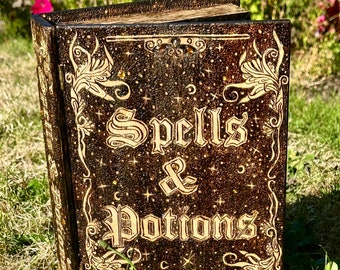 Spells & Potions - Book/Wooden Box - Wood Burned, Pyrography Artwork