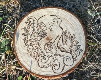 Octopus with flowers - Wood Burned Pyrography Artwork