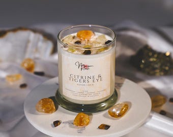 Citrin & Tigerauge Sojakerze, vegane Kerzen, natürliche Sojakerzen, beste Sojakerzen, Kristallkerzen, einzigartiges Geschenk, spirituelle Kerze