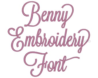 Puede incluir: Un diseño de fuente cursiva rosa que dice "Benny Embroidery Font".