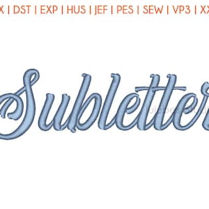 Könnte beinhalten: Eine blaue Stickerei des Wortes "Subletter" in einer kursiven Schrift.