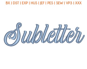 Puede incluir: Un diseño bordado en azul de la palabra "Subletter" en una fuente cursiva.