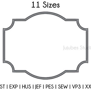 May include: A gray outline of a simple, decorative frame with rounded corners and a scalloped edge. The text "11 Sizes" is at the top of the image and the text "Jujubes Studio" is at the bottom of the image. The text "DST | EXP | HUS | JEF | PES | SEW | VP3 | XXX" is at the bottom of the image.