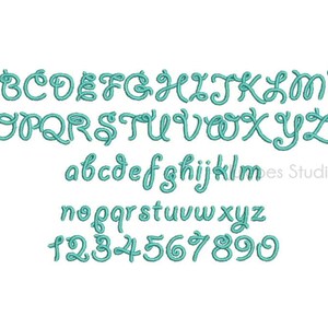 May include: A turquoise blue font alphabet with uppercase and lowercase letters and numbers. The font is cursive and has a whimsical style.