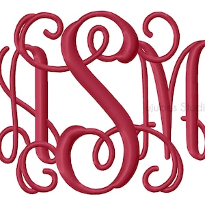 May include: A monogram with the letters "S M" in a cursive font. The letters are intertwined and the design is in a deep red color.