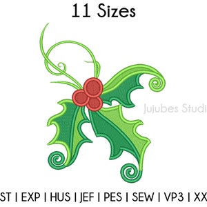 May include: Green holly leaf embroidery design with three red berries. The design is available in 11 sizes.  DST | EXP | HUS | JEF | PES | SEW | VP3 | XXX