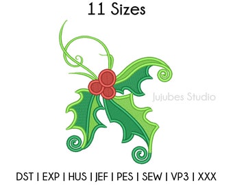 Puede incluir: Diseño de bordado de hoja de acebo verde con tres bayas rojas. El diseño está disponible en 11 tamaños.  DST | EXP | HUS | JEF | PES | SEW | VP3 | XXX