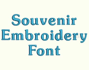 Puede incluir: Texto bordado en azul que dice "Souvenir Embroidery Font".
