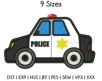May include: A white and black cartoon police car with a yellow star and the word "POLICE" on the side. The car has a red light on top and blue windows.