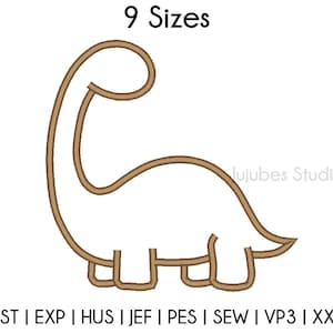 May include: Outline of a brown dinosaur with nine different sizes available. The text "9 Sizes" and "Jujubes Studio" are also included in the image.