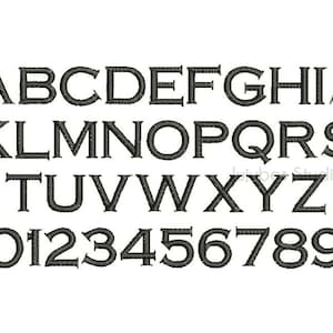 Puede incluir: Un alfabeto y un tipo de letra numérico en blanco y negro con estilo serif. Las letras están en mayúsculas y los números están en una fuente estándar.