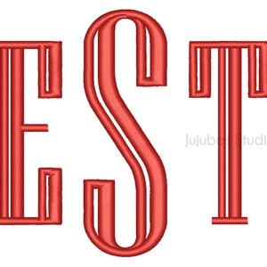 May include: Red embroidered letters "EST" in a bold, double-lined font style.