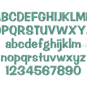 May include: A teal blue alphabet and number font set. The letters and numbers are in a simple, rounded font style.
