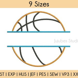 May include: A black and orange basketball with a blue line across the middle. The text "Jujubes Studio" is below the line. The image is labeled "9 Sizes" and includes the file formats DST, EXP, HUS, JEF, PES, SEW, VP3, and XXX.