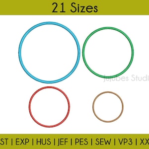May include: Four different sized circles in blue, green, red, and brown. The circles are outlined in black and are arranged in a staggered pattern. The text "21 Sizes" is at the top of the image and the text "DST | EXP | HUS | JEF | PES | SEW | VP3 | XXX" is at the bottom of the image.