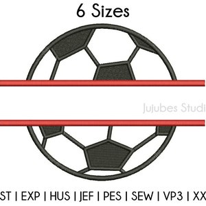 May include: Split monogram design featuring a black and white soccer ball with red lines. The design is available in six sizes: DST, EXP, HUS, JEF, PES, SEW, VP3, and XXX.