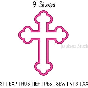 May include: A pink outline of a cross with rounded edges and a decorative design. The cross is available in 9 sizes. The text "Jujubes Studio" is in the bottom right corner of the image. The text "DST | EXP | HUS | JEF | PES | SEW | VP3 | XXX" is at the bottom of the image.