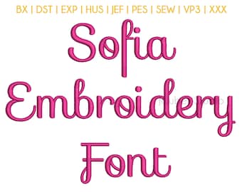 Puede incluir: Diseño de fuente de bordado rosa con la palabra "Sofia" en la parte superior, "Bordado" en el medio y "Fuente" en la parte inferior.