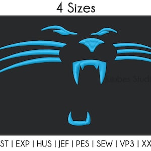 May include: An embroidered design of a panther's face with a fierce expression, in blue. The design includes the text "Jujubes Studio" and "4 Sizes". The design is available in DST, EXP, HUS, JEF, PES, SEW, VP3, and XXX formats.